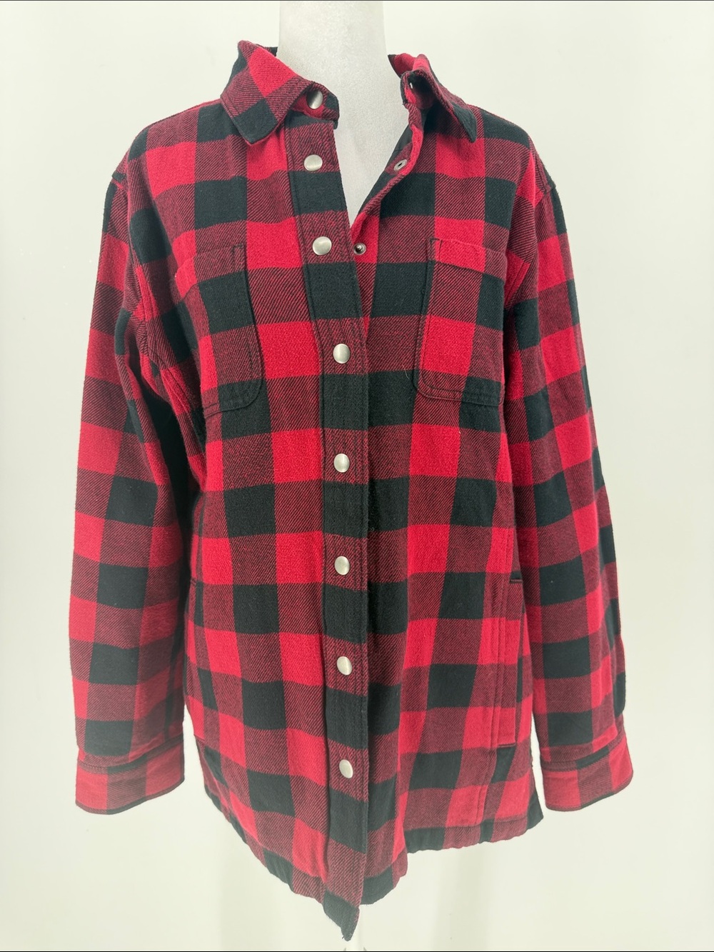 Duluth Trading Co Womenβs M Buffalo Plaid Flannel Shacket Red Black Lined